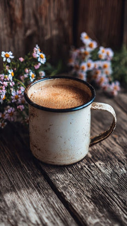 Cup of coffee with milk and wildflowers on wooden backgroundの写真素材