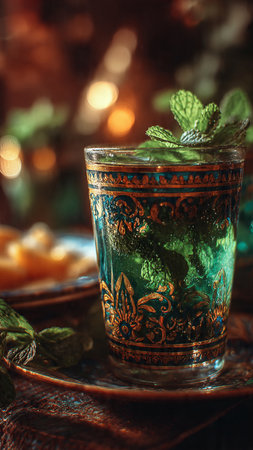Mint tea in a glass on a dark background. Selective focus.の写真素材