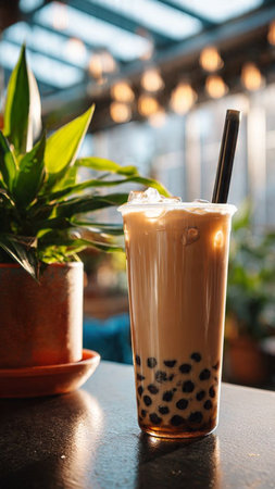Iced coffee with tapioca pearls in a cafe.の写真素材