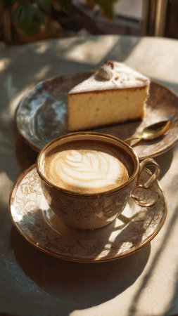 Cup of cappuccino with piece of cake on table