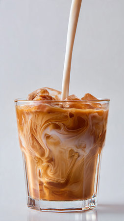 Iced coffee with milk in a glass on a white background.の写真素材