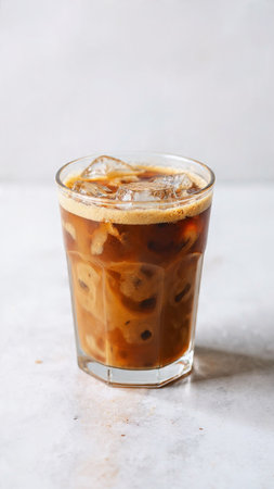 Iced coffee in a glass on a white background, selective focus.