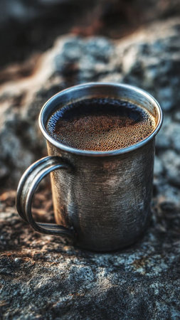 Coffee cup on the rock in the morning. Selective focusの写真素材