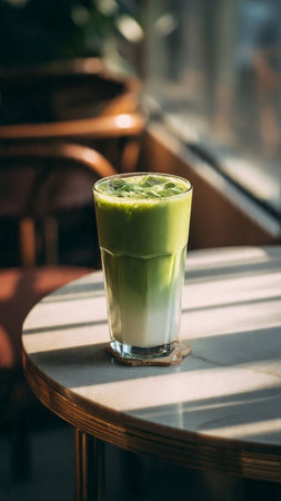Iced green tea latte on table in cafe, stock photoの写真素材