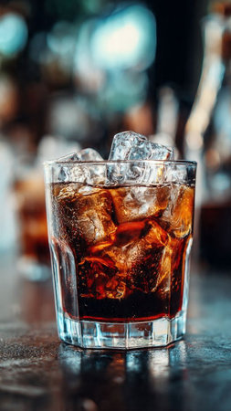 glass of cola with ice cubes on the bar counter in barの写真素材