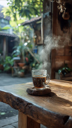 Coffee cup with steam on wooden table in coffee shop.の写真素材