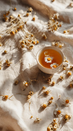 Cup of herbal tea with chamomile flowers on linen tableclothの写真素材