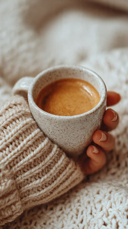 Female hands in warm knitted sweater holding a cup of coffee.の写真素材