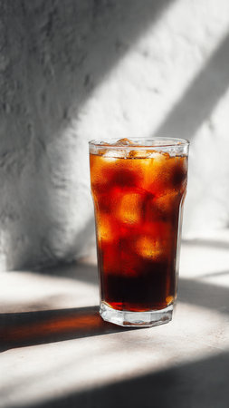 glass of cola with ice cubes on a white background with shadowsの写真素材