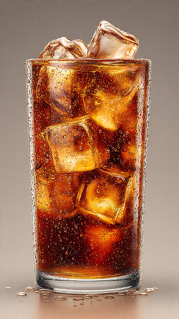 Cola with ice cubes in a glass on a gray background, close-upの写真素材