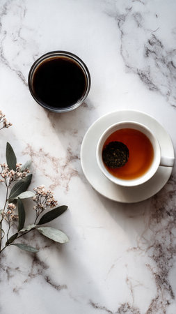 Cup of black tea on white marble table, top view.の写真素材