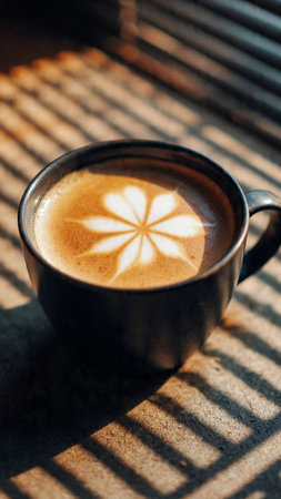 Cup of cappuccino with latte art in coffee shopの写真素材