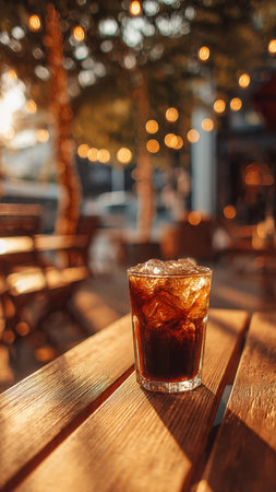 Glass of cola with ice on wooden table in coffee shop.の写真素材