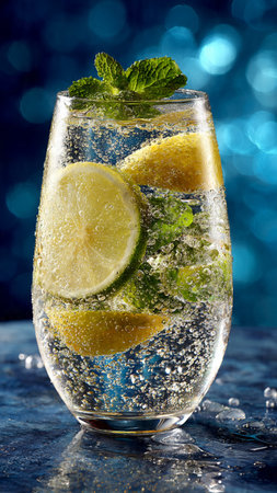 Mojito cocktail with lime, mint and ice on blue backgroundの写真素材