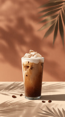 Iced coffee with whipped cream in a tall glass on beige background.の写真素材