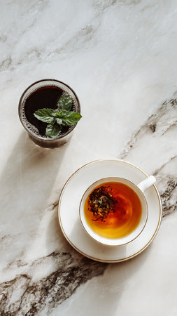 Cup of tea with mint leavesle table, top viewの写真素材