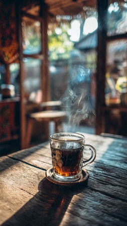 Cup of tea on a wooden table in a cafe with smokeの写真素材