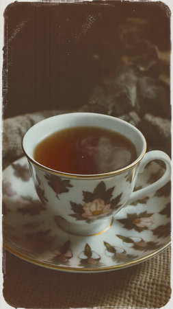 Cup of tea on the table. Vintage style toned pictureの写真素材
