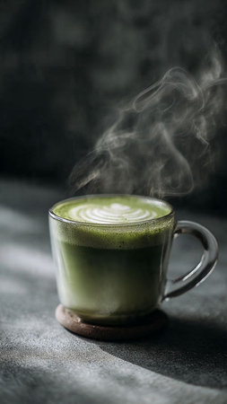 Matcha green tea latte in cup on black background, copy spaceの写真素材
