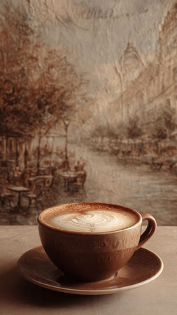 Cup of coffee on a table with a picture in the backgroundの写真素材