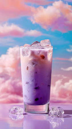 Blueberry smoothie with ice cubes in glass on sky background.の写真素材