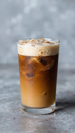 Iced coffee with milk in a tall glass on a gray background