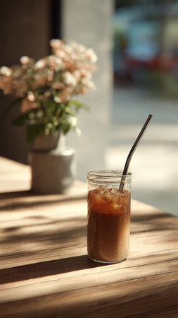 Iced coffee in glass on wooden table in cafe, closeupの写真素材