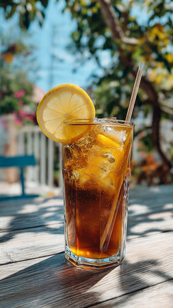 glass of cola with ice cubes and lemon slice on wooden tableの写真素材