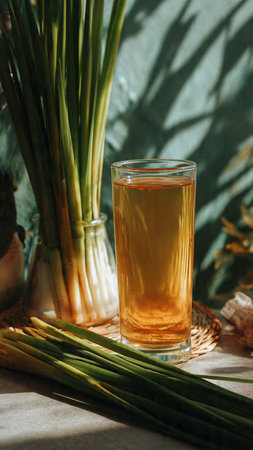 Glass of ginger juice on the table with fresh gingerの写真素材