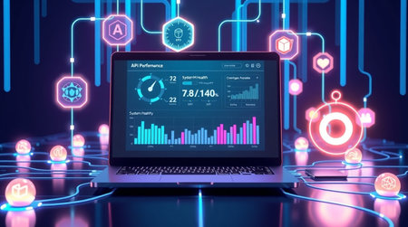 3D rendering of a laptop in front of a blue background with a holographic interfaceの写真素材