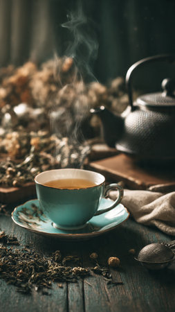 Cup of green tea and teapot on a wooden tableの写真素材
