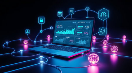 Laptop with glowing digital interface and icons on dark background 3D rendering