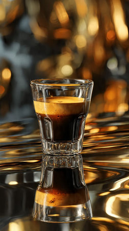 Espresso in a shot glass on a golden background, close-upの写真素材
