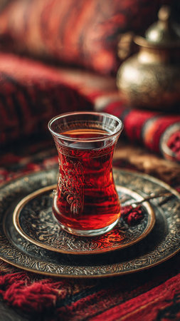 Turkish tea in a glass on an old background. Selective focus.の写真素材