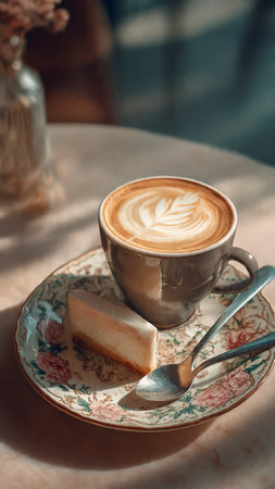 Cup of cappuccino with piece of cake on tableの写真素材