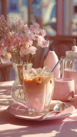 Iced coffee in a glass cup on a pink tablecloth.の写真素材