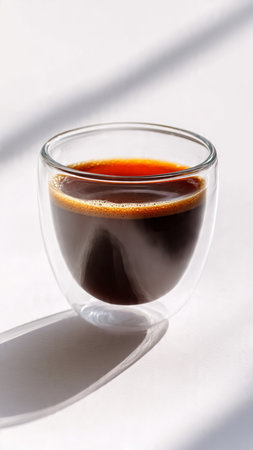 Coffee in a glass cup on a white background with shadowの写真素材