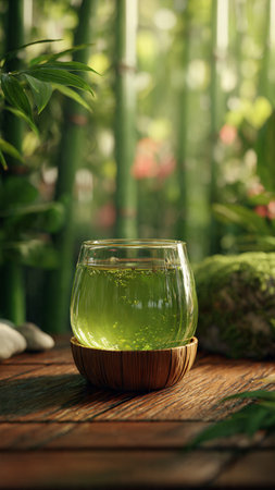 Green tea in a glass on a wooden table in a bamboo gardenの写真素材