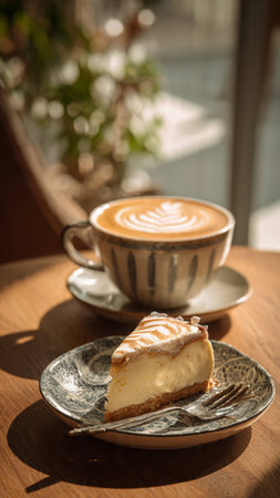 Coffee cup and cheesecake on wooden table, stock photoの写真素材