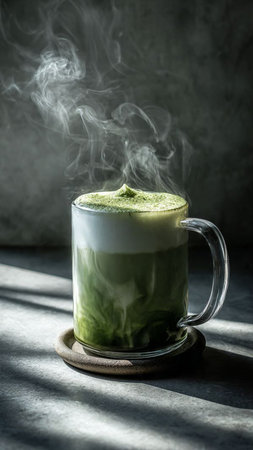 Matcha latte in a cup with smoke on a dark backgroundの写真素材