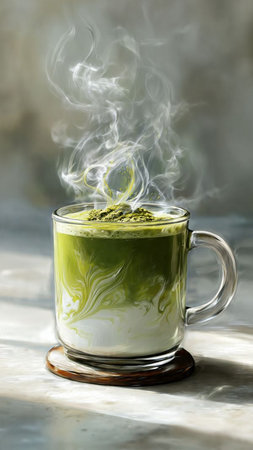 hot matcha latte in glass cup with smoke on the table