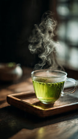 hot matcha green tea in cup on wooden table, stock photoの写真素材