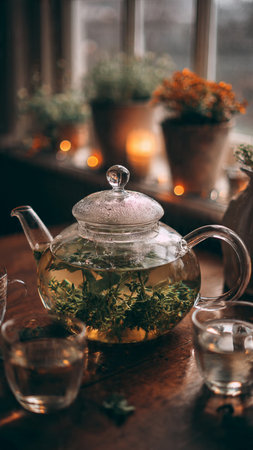 Herbal tea in a glass teapot on a wooden tableの写真素材