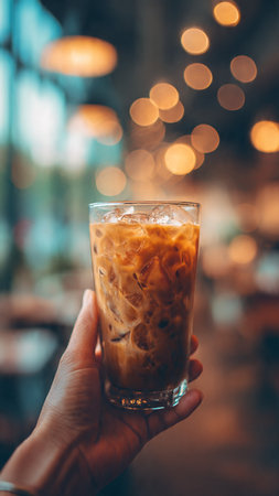 Iced coffee in a glass on the background of bokehの写真素材