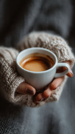 Female hands in warm sweater holding cup of coffee, closeup viewの写真素材