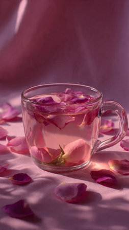 Rose tea in a glass cup on a pink background with rose petalsの写真素材