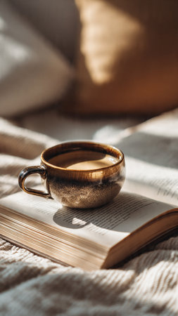 Cup of coffee and book on the bed in the morning.の写真素材