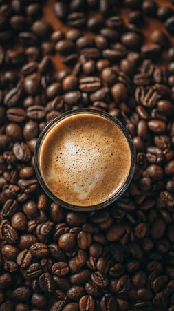 Coffee cup and coffee beans on wooden background, top viewの写真素材