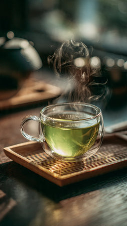 Hot green tea in a cup on a wooden tray on a wooden tableの写真素材