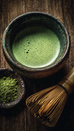 Matcha green tea powder in bowl and whisk on wooden table.の写真素材